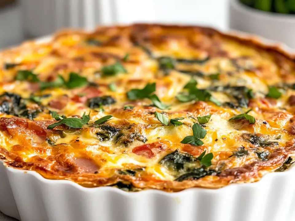 A golden-topped crustless quiche in a fluted white baking dish, with visible spinach, diced cured meat, melted cheese and chopped fresh herbs