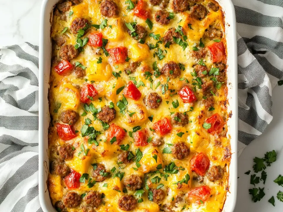 Golden-topped sausage and bread breakfast casserole in a baking dish, flecked with red pepper and melted cheddar