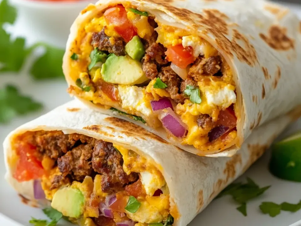 Two halves of a griddled flour tortilla burrito stacked on a white plate, filled with scrambled egg, browned crumbled meat, melted cheese, diced tomato, red onion and avocado
