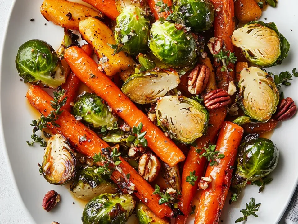 Sheet pan of roasted brussels sprouts, carrots and parsnips with cranberries and pecans