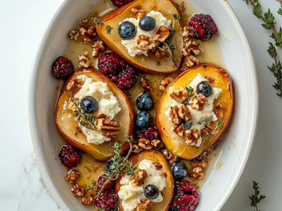 Four roasted pear halves in a white oval baking dish, each topped with crumbled white blue cheese and walnuts, with blueberries and blackberries around them, thyme sprigs and honey syrup