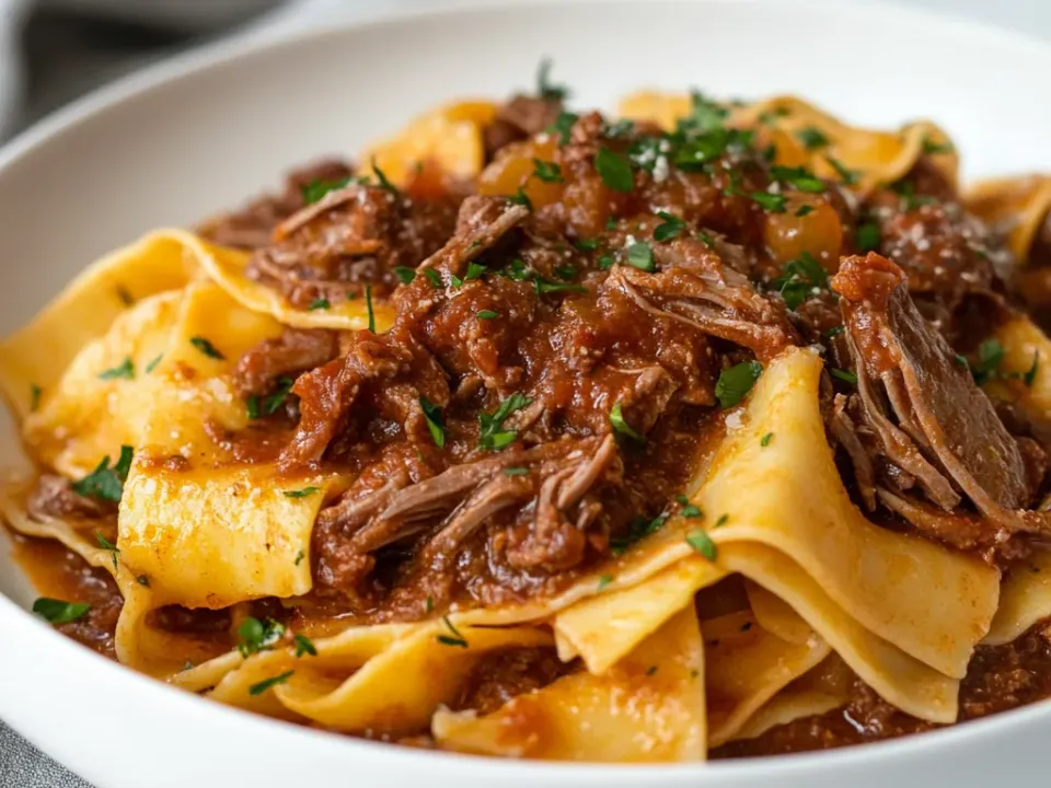 Shredded beef ragu spooned over wide pappardelle ribbons, finished with grated Parmesan and chopped parsley
