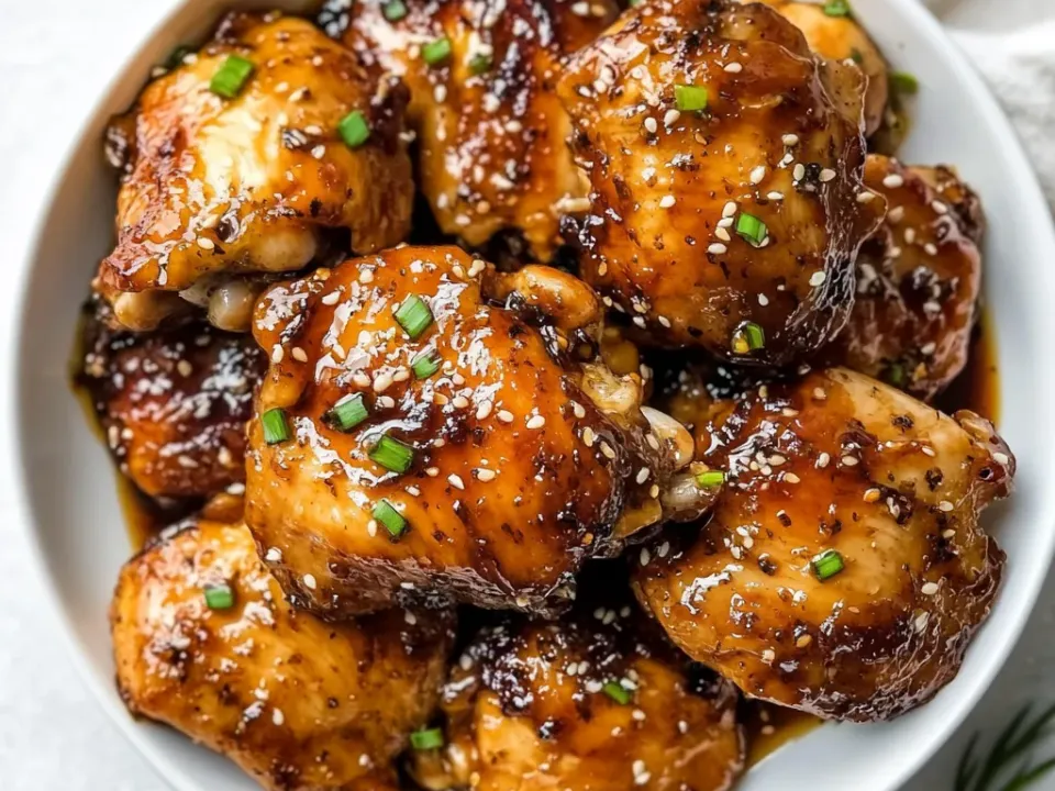 Glazed honey garlic chicken thighs in a white bowl, scattered with sesame seeds and sliced spring onion