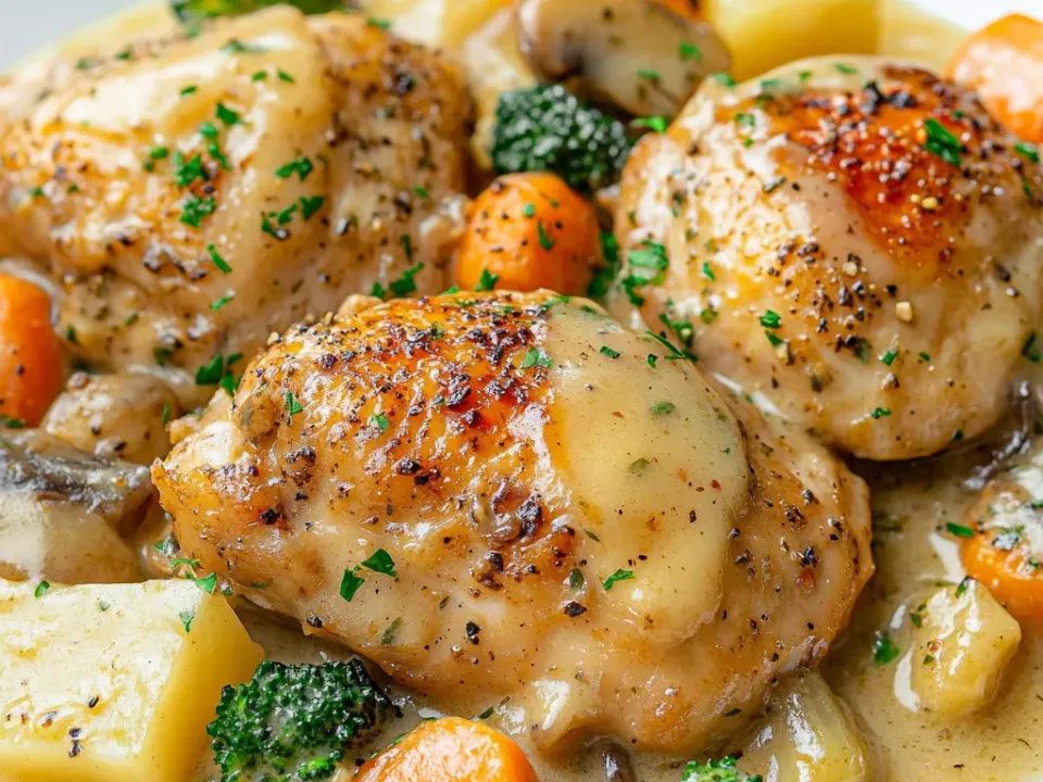 Browned chicken thighs on a white plate in a pale cream sauce with carrot rounds, potato chunks, broccoli florets and sliced mushrooms, finished with parsley