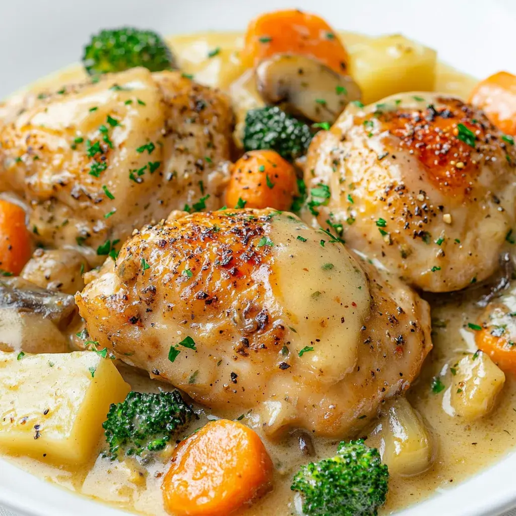 Browned chicken thighs on a white plate in a pale cream sauce with carrot rounds, potato chunks, broccoli florets and sliced mushrooms, finished with parsley