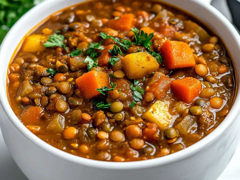 A thick brown lentil soup in a white bowl, dense with whole lentils and cubes of carrot, potato and onion, finished with chopped parsley