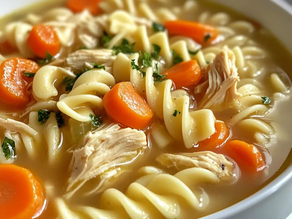 Shredded chicken, gluten-free spiral noodles and carrot rounds in a clear golden broth