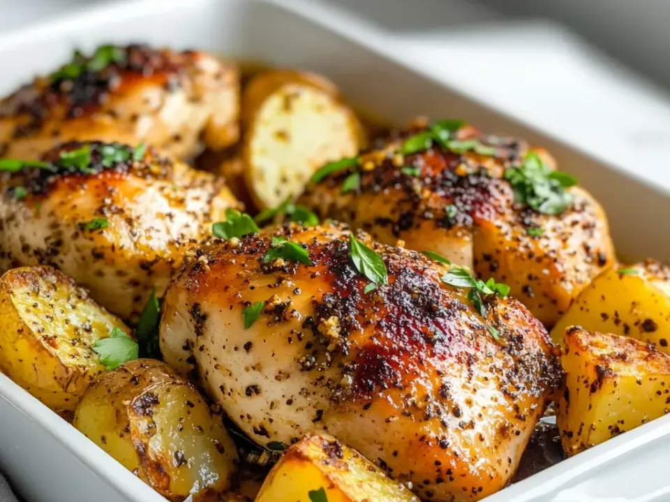 Browned bone-in chicken thighs among roasted potato wedges in a white baking dish, with heavy dried oregano and fresh parsley