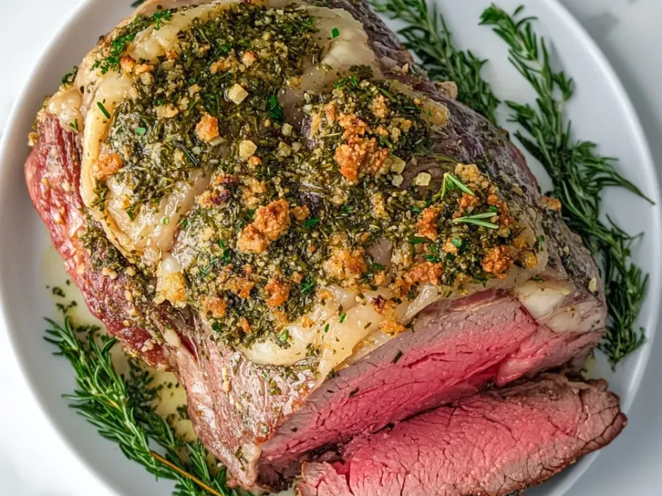 A bone-in prime rib roast with a green garlic and herb crust on a white platter, two slices carved to show the rosy interior, surrounded by fresh rosemary and thyme