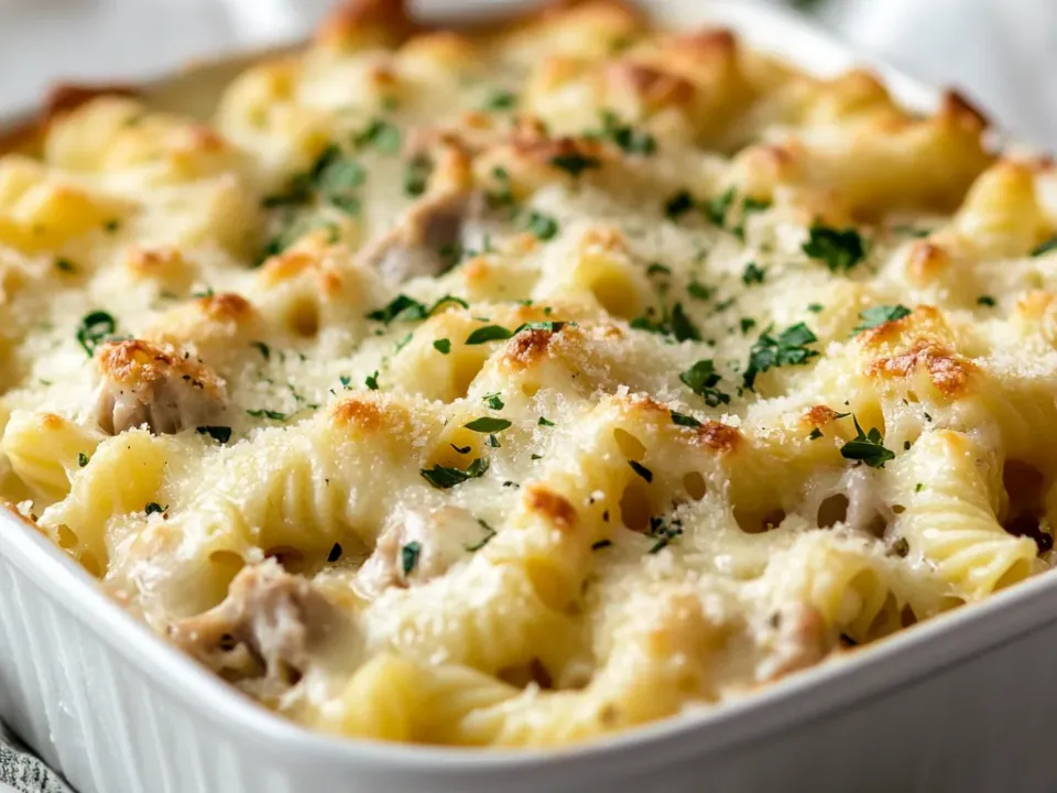 Creamy baked pasta with flaked tuna visible throughout and a golden cheese crust, finished with parsley, in a white baking dish