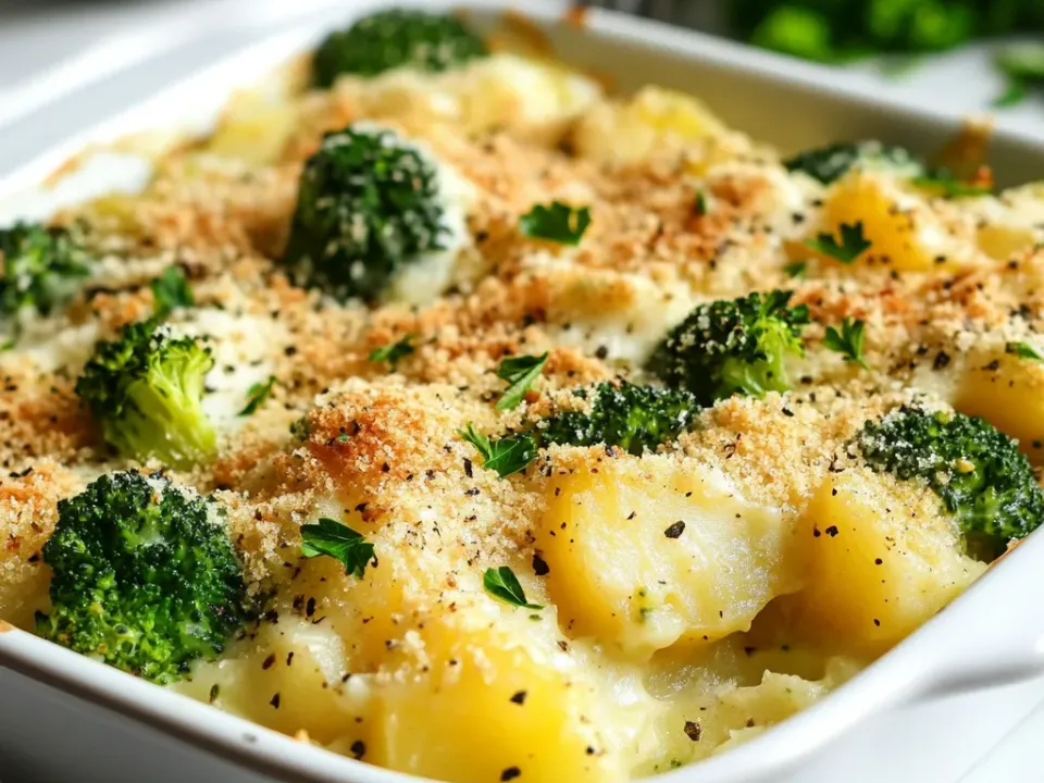 A white baking dish of sliced Yukon Gold potatoes and broccoli florets in a pale creamy sauce under a golden breadcrumb topping