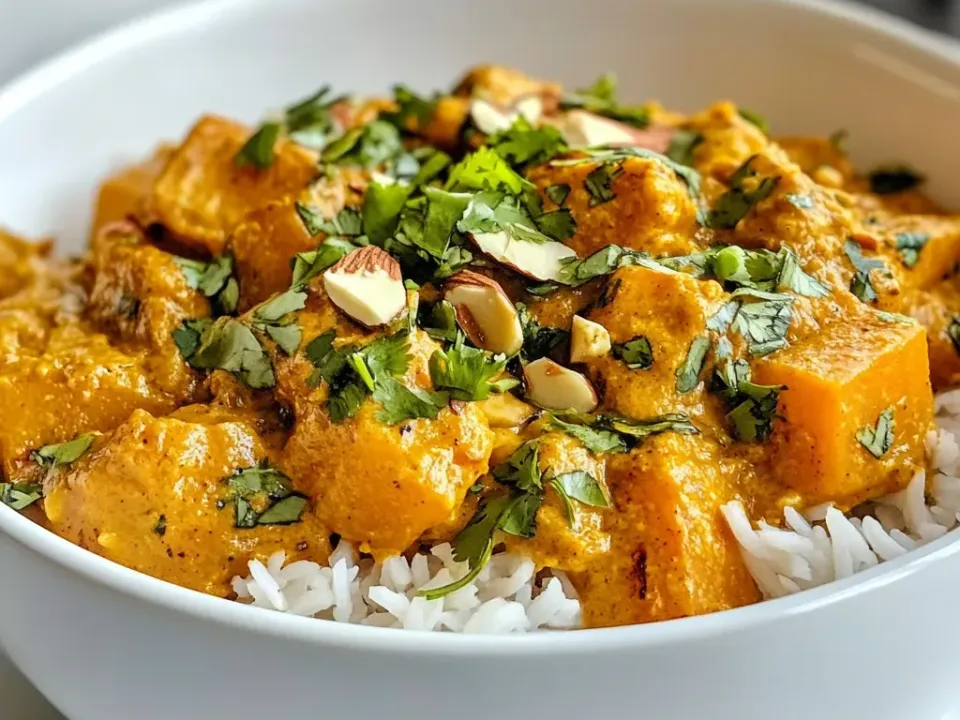 Cubes of sweet potato in a thick orange-yellow curry sauce over white rice in a white bowl, scattered with chopped almonds and fresh coriander
