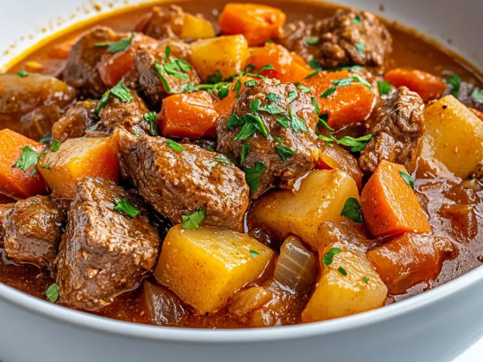 Browned beef chunks with carrot, potato chunks and onion in a thick brown gravy