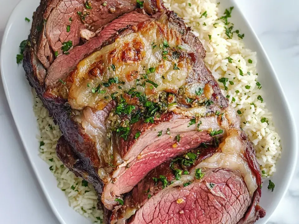 Sliced prime rib with a dark roasted crust and rosy interior, brushed with garlic herb butter and parsley, arranged over a bed of parsley-flecked white rice on a white platter
