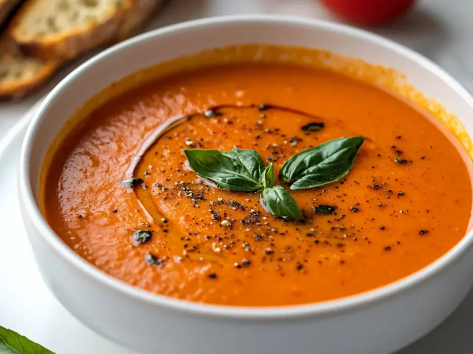 A white bowl of smooth silky orange-red tomato soup with a swirl of olive oil, cracked black pepper and fresh basil leaves, with toasted rustic bread and whole tomatoes behind