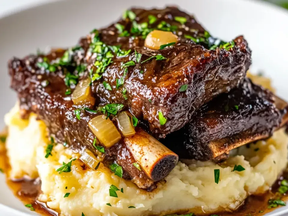 Dark braised bone-in beef short ribs on pale mashed potato in a thin glossy brown sauce with soft onion pieces and chopped parsley, in a white bowl