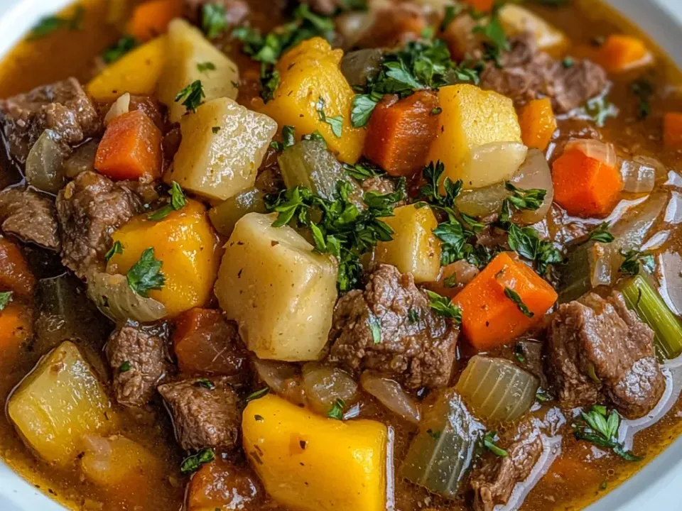 A brown-red broth with cubes of browned beef, chunks of pale potato, cubes of yellow rutabaga, thick carrot, sliced celery and softened onion, heavily scattered with chopped parsley
