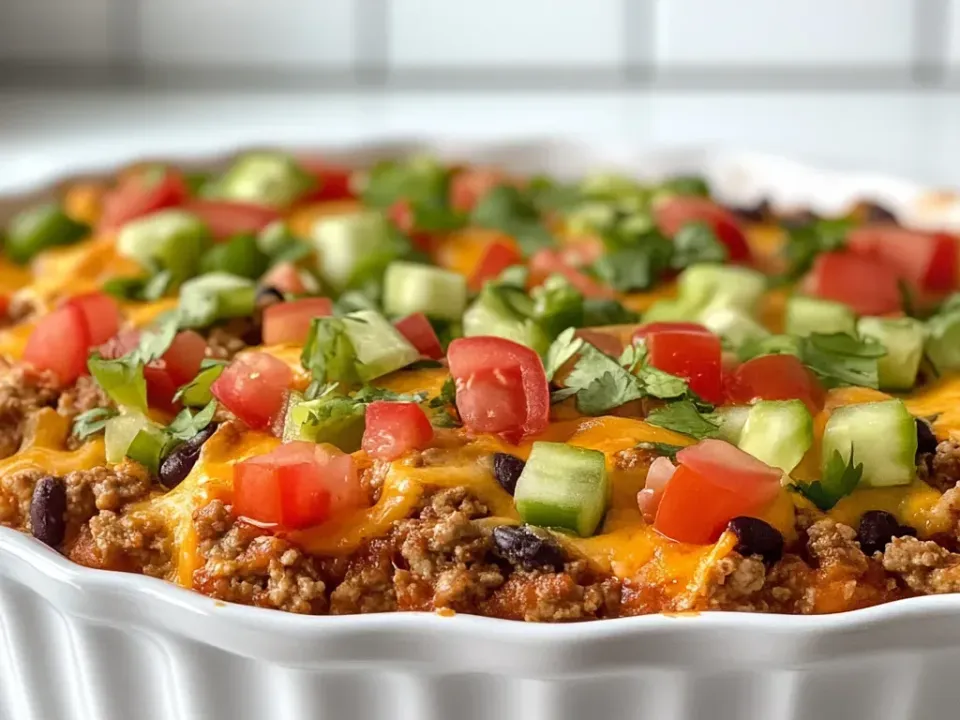 A taco casserole of browned seasoned ground beef with black beans in a red sauce under melted cheddar, topped with diced tomato, diced green bell pepper and chopped cilantro in a white fluted dish