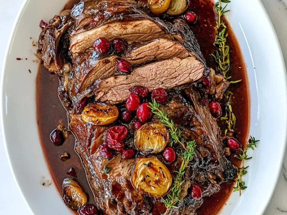 Sliced braised beef roast on a white oval platter in a dark red-brown jus with whole cranberries, caramelised shallot halves and fresh thyme sprigs