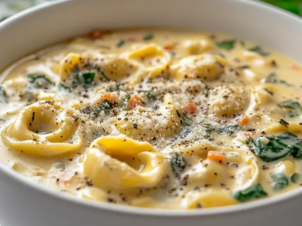 A white bowl of creamy ivory soup with cheese tortellini, wilted spinach, flecks of carrot and grated Parmesan, finished with heavy cracked black pepper