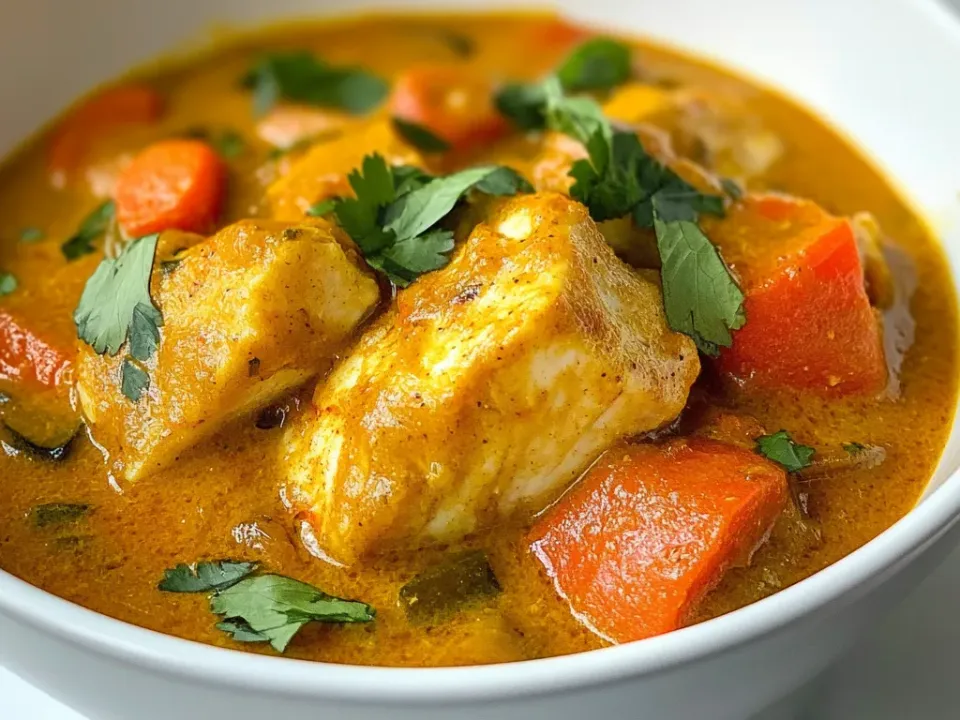Chunks of white fish in a golden coconut curry with carrot chunks, finished with chopped cilantro