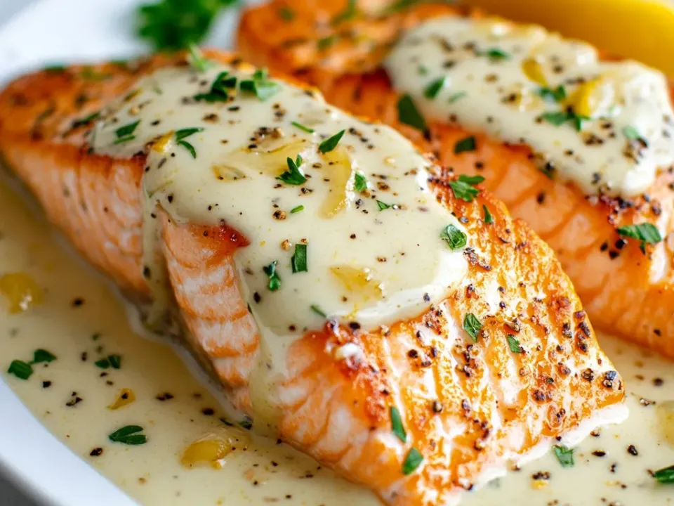 Salmon fillets under a pale creamy herb sauce with lemon and chopped dill on a white plate