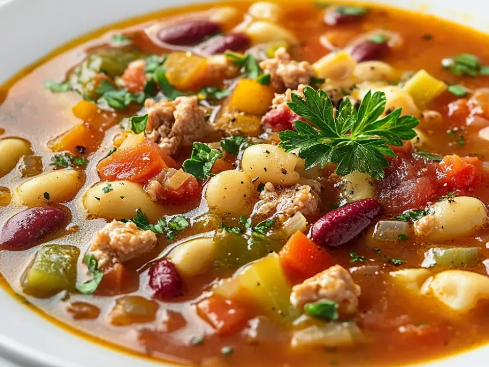 A white bowl of brothy red-orange soup with white cannellini and red kidney beans, small pasta, diced carrot, celery and green pepper, beef crumbles and parsley