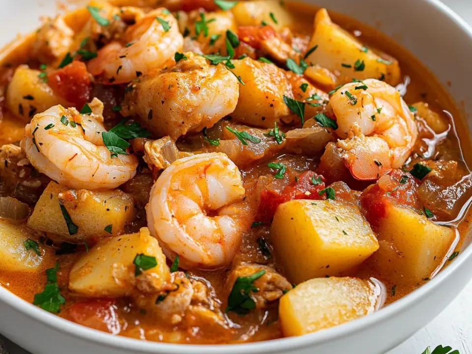 A white bowl of seafood stew with shrimp, chunks of white fish and potato in a red-gold tomato broth, scattered with parsley