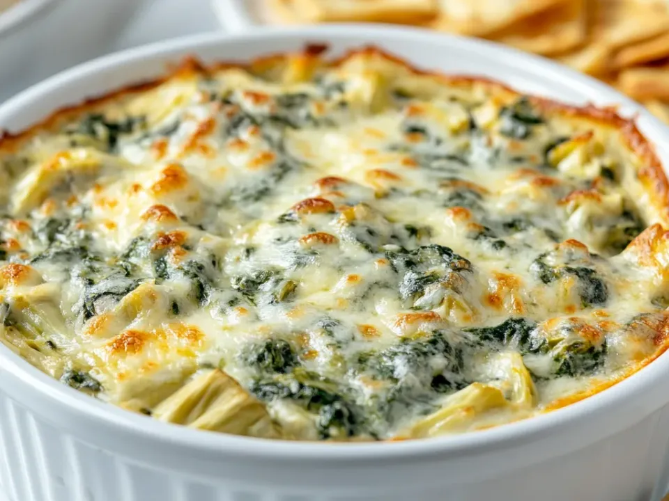 A baked spinach artichoke dip in a white dish, visibly bubbling with a browned mozzarella top