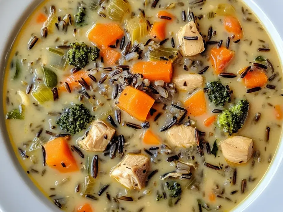 A thick creamy pale broth heavily flecked with dark wild rice grains, holding cubed chicken, cubed carrot, small broccoli florets, sliced celery and diced onion in a white bowl
