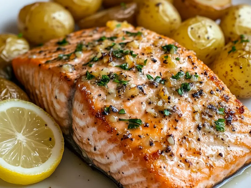 A browned salmon fillet under herb-garlic butter on a white plate with halved baby potatoes and a lemon slice