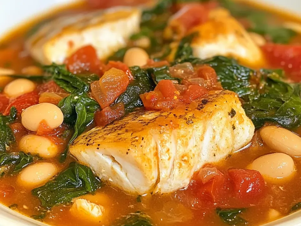 Seared white fish portions in a tomato broth with white cannellini beans and wilted spinach