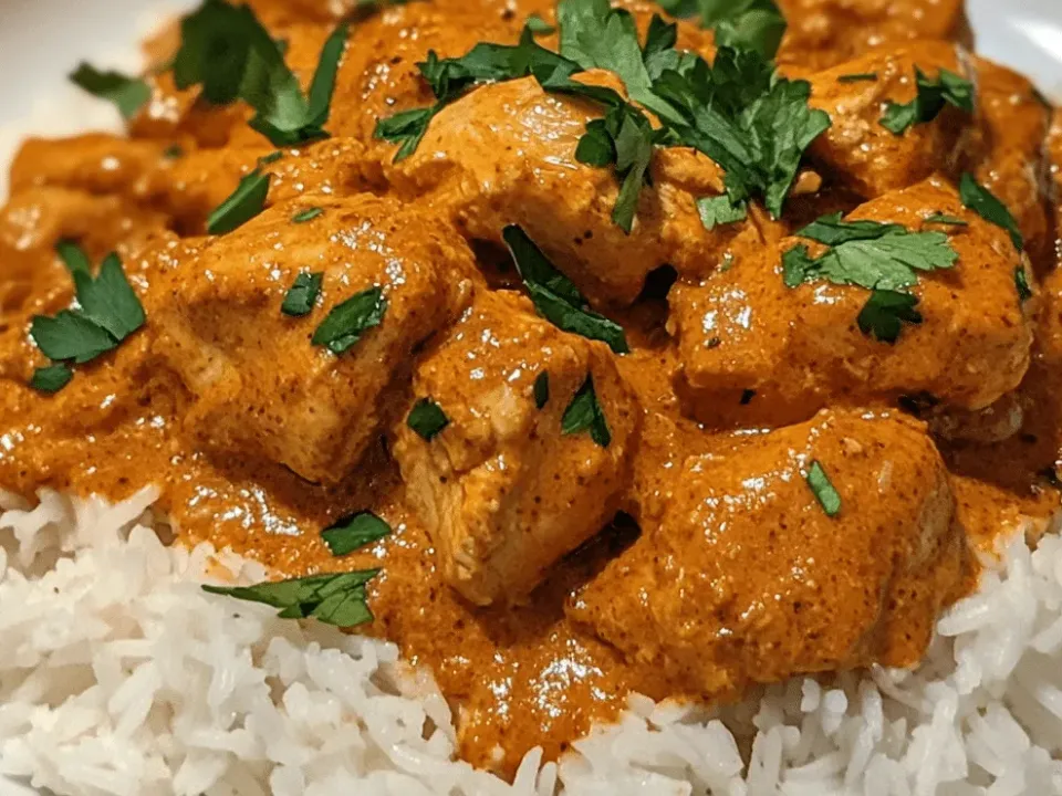 Chunks of chicken in an orange-red creamy butter chicken sauce over white rice on a white plate, with heavy cilantro