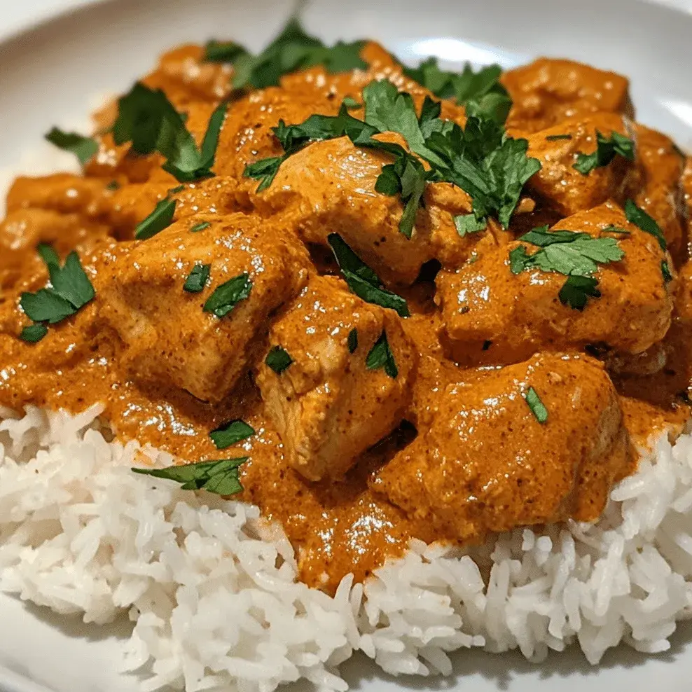 Chunks of chicken in an orange-red creamy butter chicken sauce over white rice on a white plate, with heavy cilantro