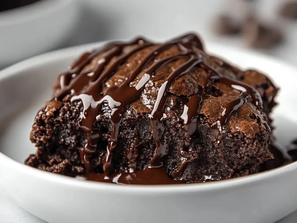 A dark chocolate pudding cake in a white bowl under a glossy chocolate sauce, with chocolate chips scattered behind