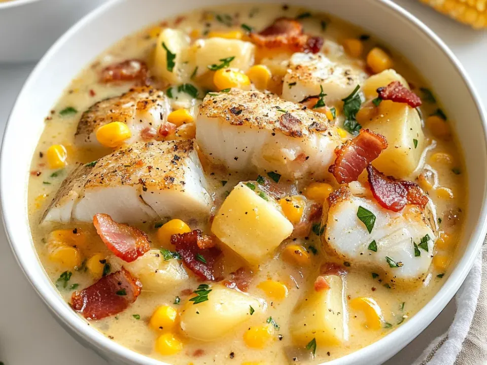 A white bowl of fish chowder with chunks of white fish, crisp bacon, corn kernels and potato in a creamy broth