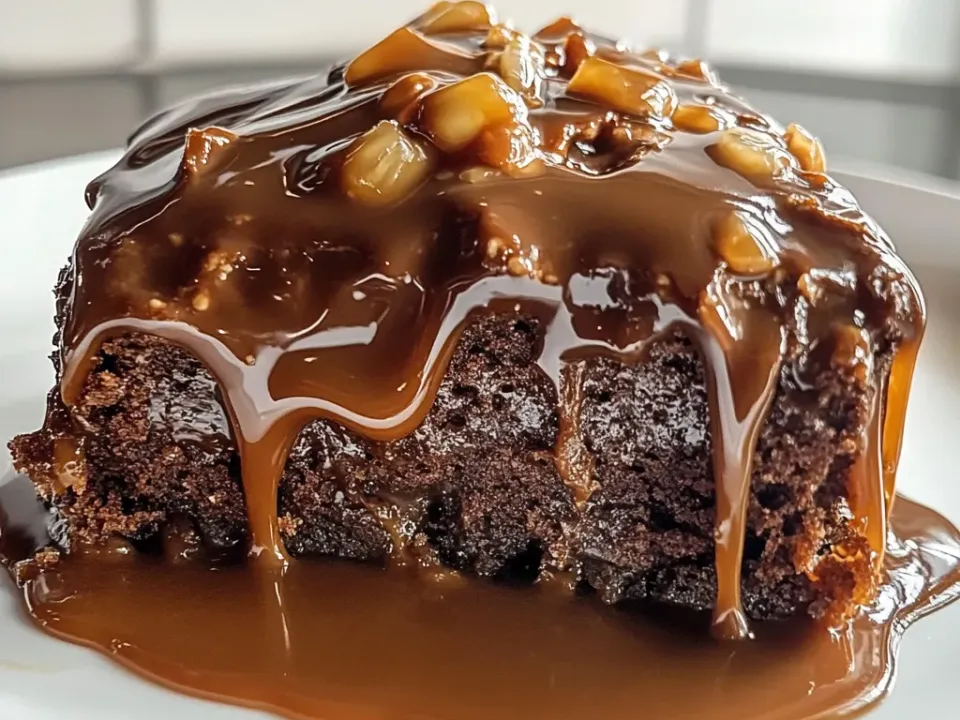 A piece of dark chocolate pudding cake on a white plate with glossy caramel sauce poured over it and pooling around the base