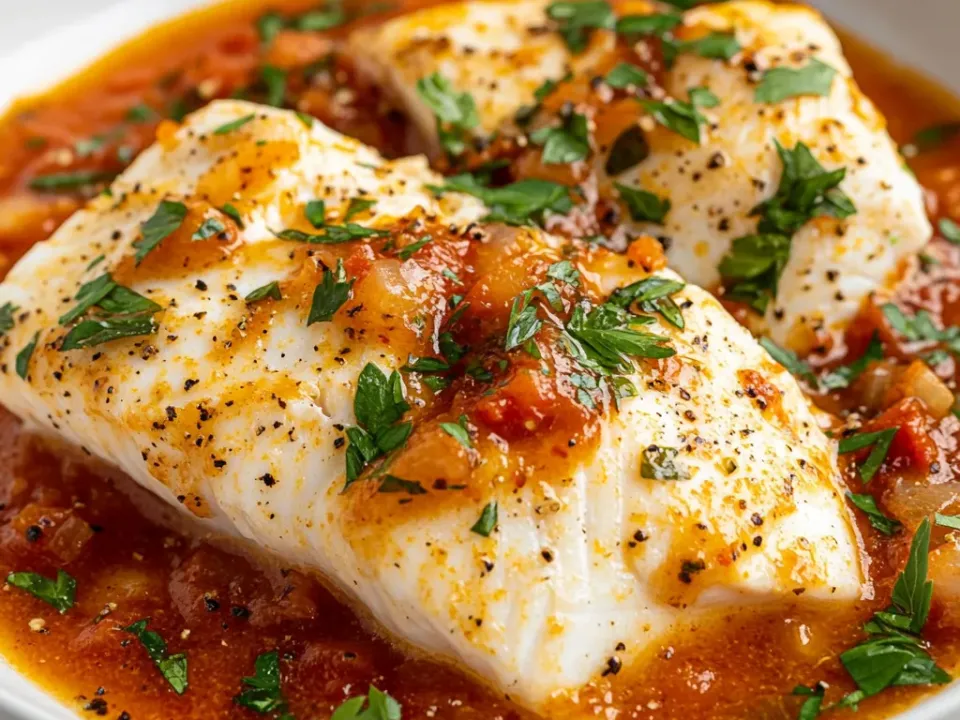 Two thick white fish fillets sitting in a chunky tomato and garlic sauce, finished with chopped parsley