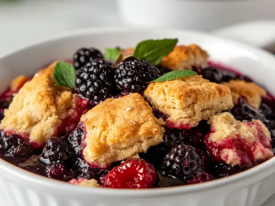 Dark stewed blackberries, blueberries and red berries under golden-brown biscuit pieces with mint leaves on top in a white fluted dish