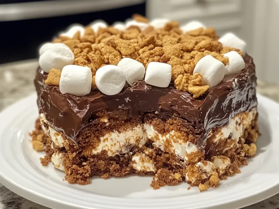 A sliced layered dessert on a white plate showing a graham crumb base, white marshmallow layer and thick chocolate ganache top with mini marshmallows and crumbs, slow cooker behind