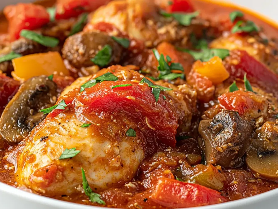 Bone-in chicken pieces in a red tomato sauce with sliced mushrooms and red and yellow bell pepper, finished with chopped parsley