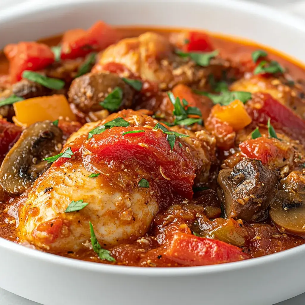 Bone-in chicken pieces in a red tomato sauce with sliced mushrooms and red and yellow bell pepper, finished with chopped parsley
