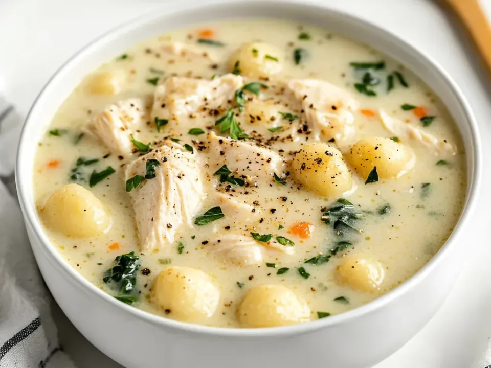 A thick creamy pale broth with soft smooth oval potato gnocchi, torn chicken, chopped green herb and small-diced carrot, with coarse cracked black pepper over the top in a white bowl