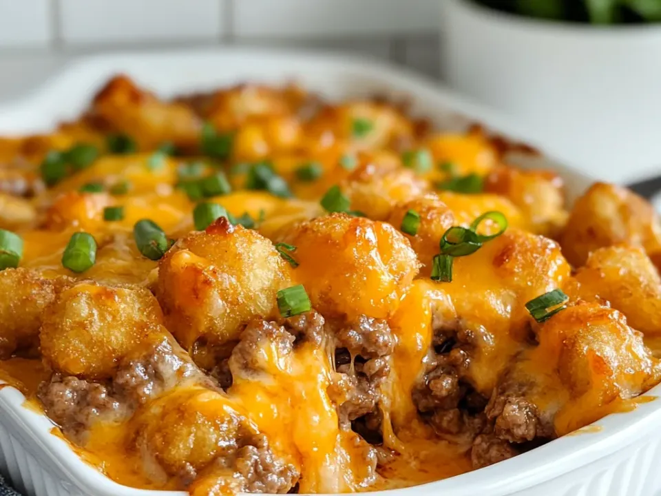 A white baking dish of golden tater tots over seasoned ground beef with melted cheddar and sliced spring onion