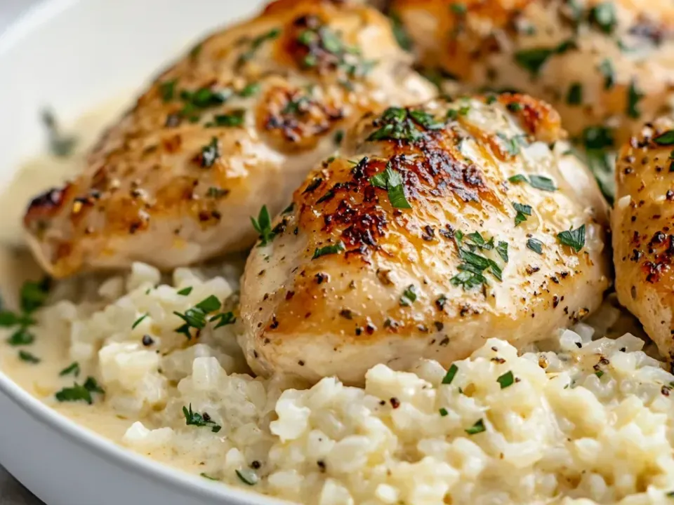 Seared golden chicken breasts with browned spots and herb flecks over creamy rice in a pale garlic-butter cream sauce, scattered with parsley in a white bowl