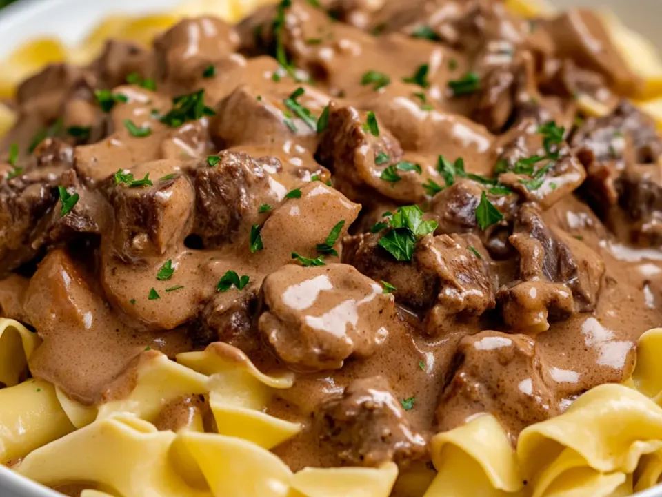 Chunks of tender beef and sliced mushrooms in a tan sour cream gravy spooned over wide egg noodles in a white bowl, with chopped parsley