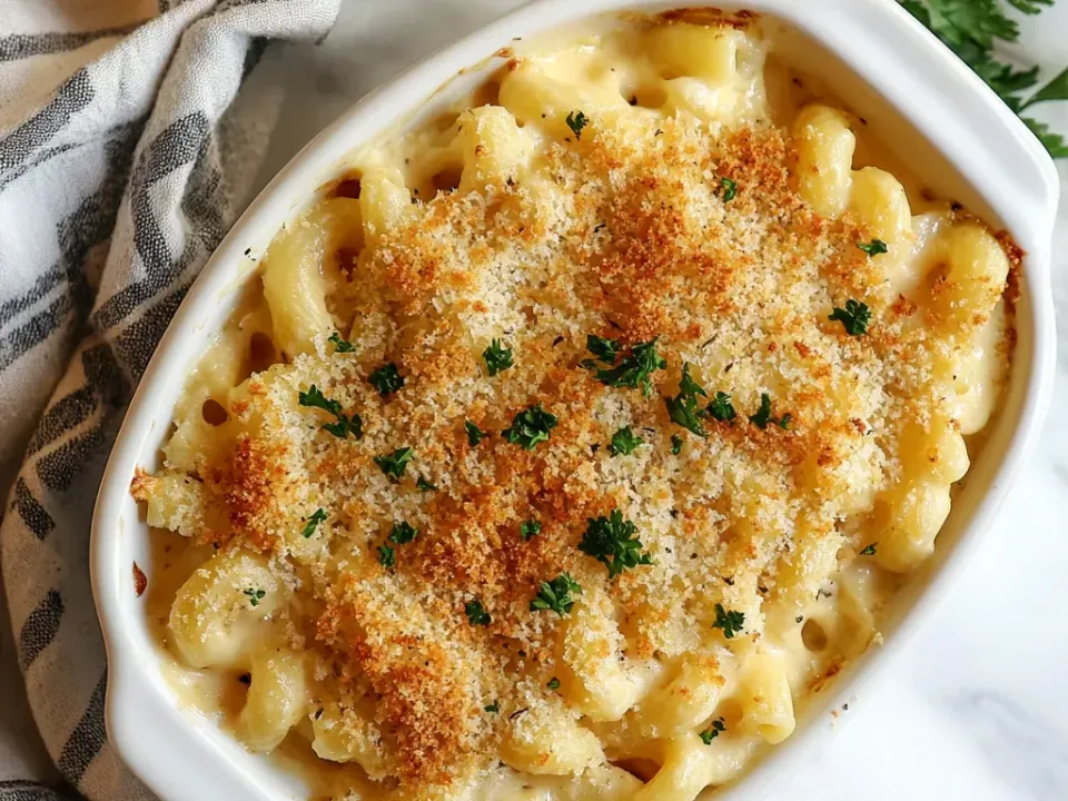 Elbow macaroni in a thick pale yellow cheese sauce in a white oval baking dish, covered across the middle with coarse golden toasted panko crumb and scattered with chopped parsley