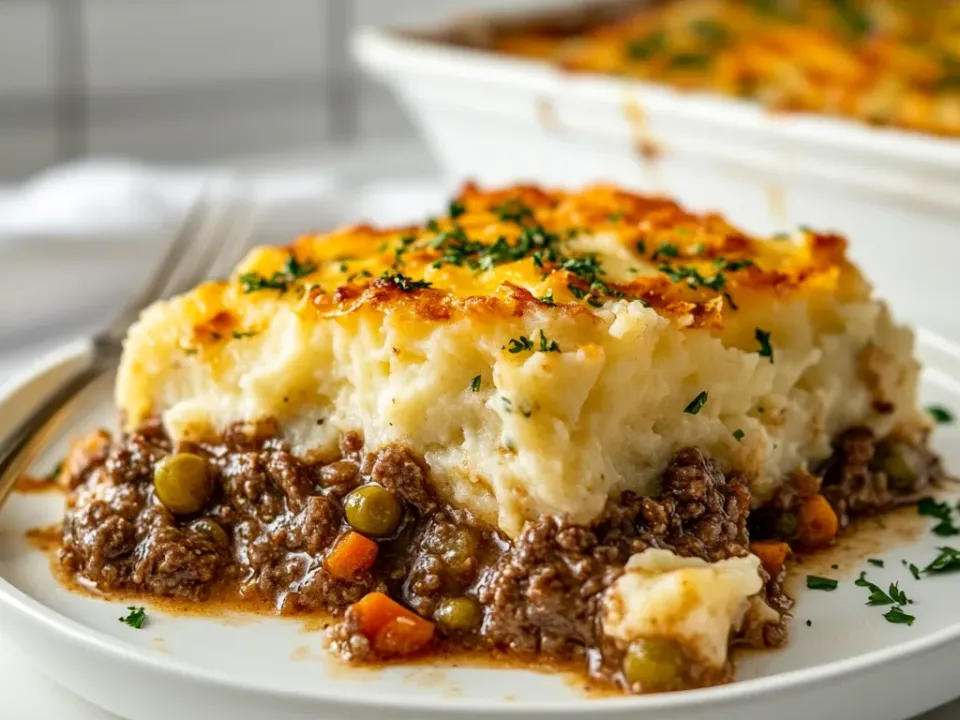 A cut portion of shepherd's pie on a plate showing browned cheesy mashed potato over ground beef with peas and diced carrot in gravy