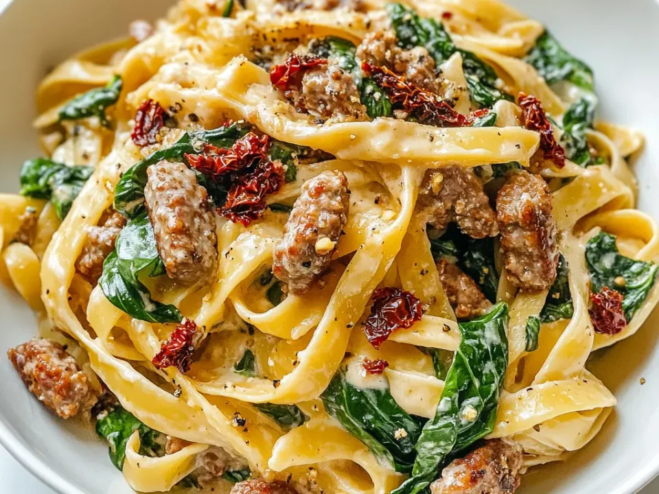 Wide egg pasta ribbons in a cream sauce with crumbled sausage, wilted spinach, chopped sun-dried tomato and black pepper in a white bowl