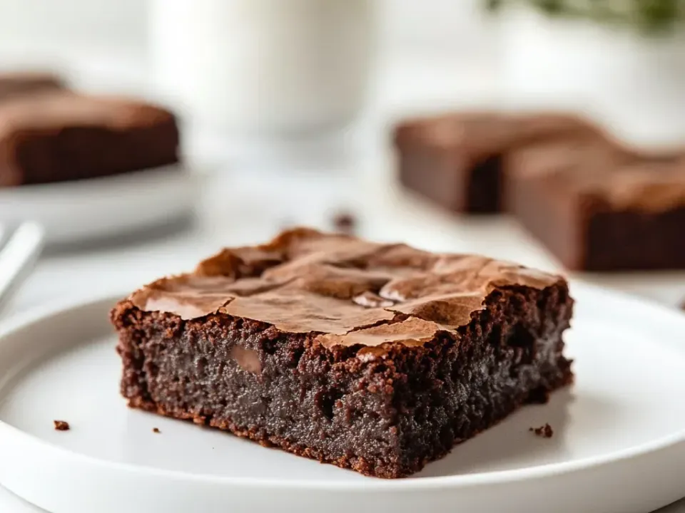 A square brownie with a shiny crackled top and dense dark fudgy crumb with melted chocolate pieces on a white plate, more brownies and a glass of milk behind